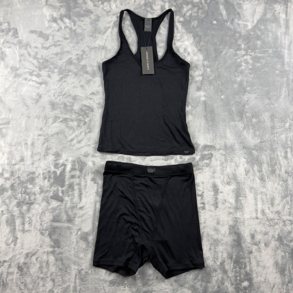 Savage X Fenty Ribbed Racerback Tank and Shorts Lounge Set Black Small NWT